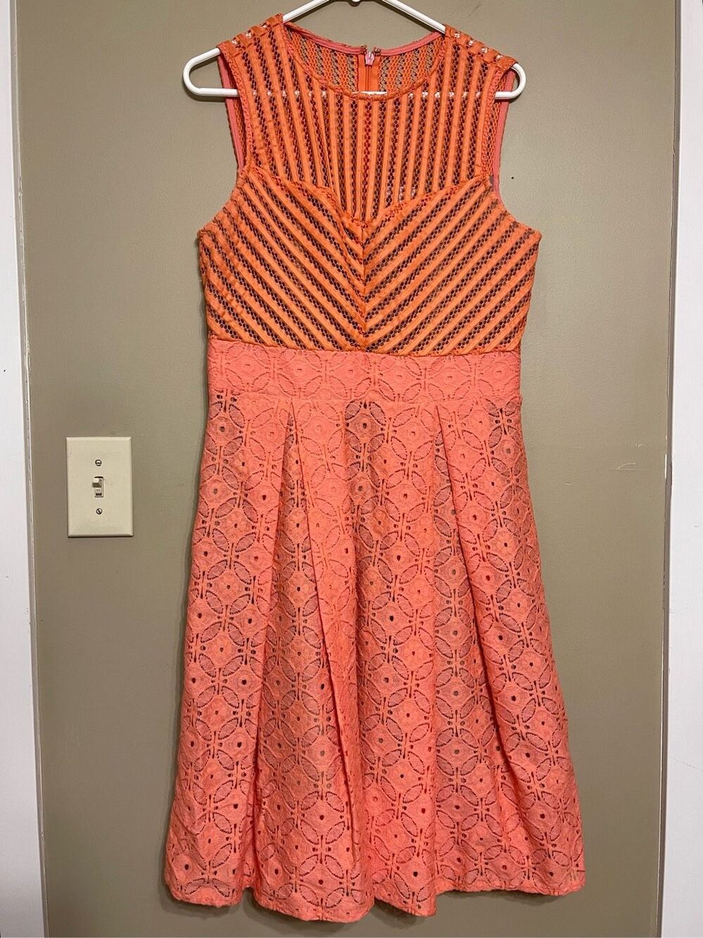 New York and Company Women’s Lace Semi Sheer Coral and Nude A-Line Dress Medium